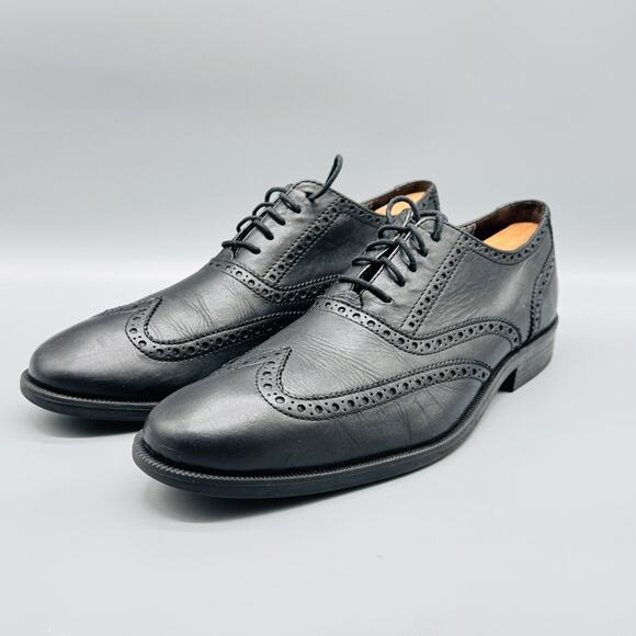 Cole Haan Shoes Men 9 Black Leather Wingtip Brogue Oxford Slip On Lace Up Dress - Picture 4 of 13